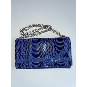 White House Black Market Blue Clutch Wallet Purse Bag  Chain Faux Croc Y2K Party